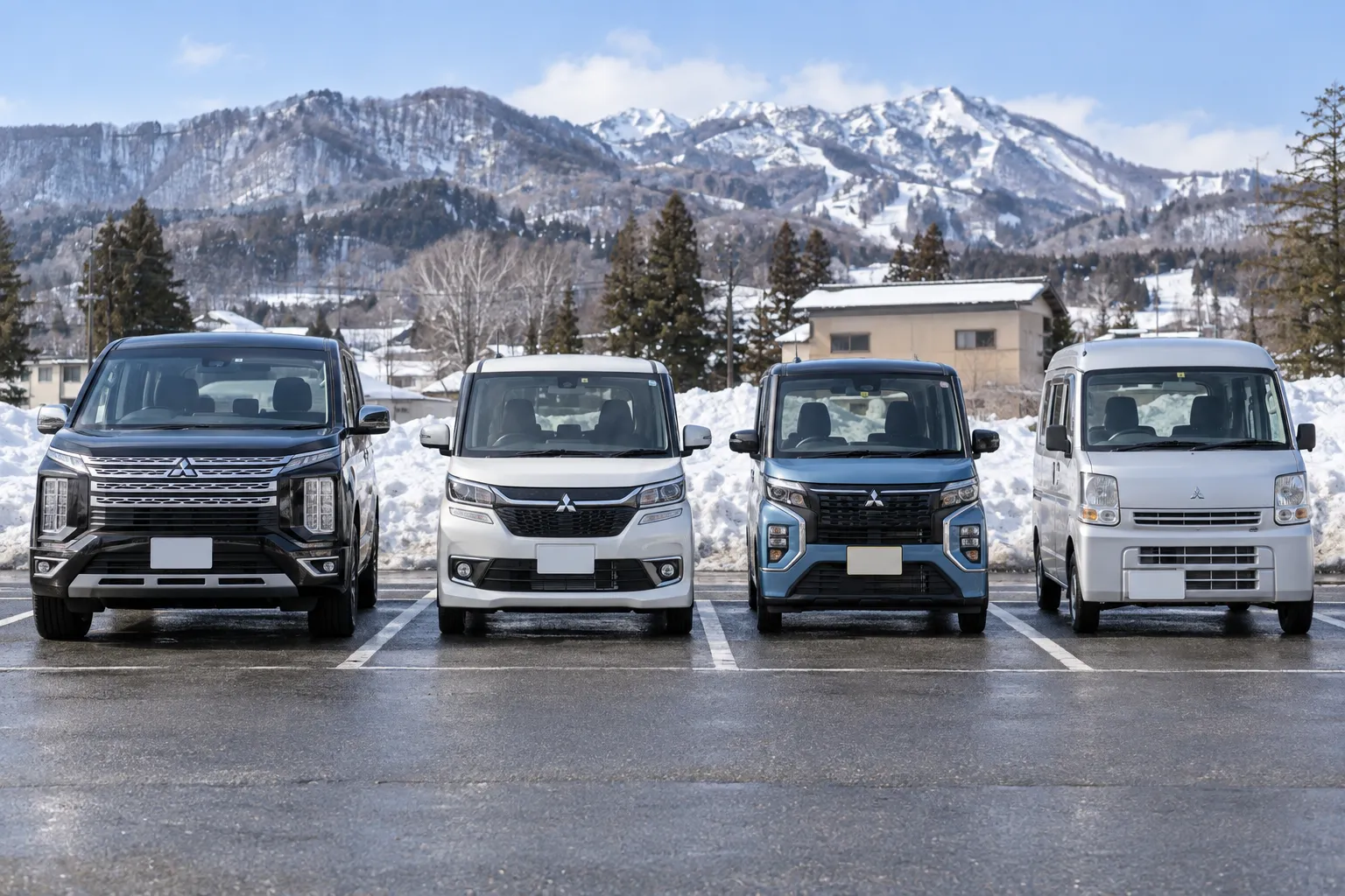 AI-generated front view of a Delica D:5, Delica D:2, eK X Space, and Minicab Van parked side by side