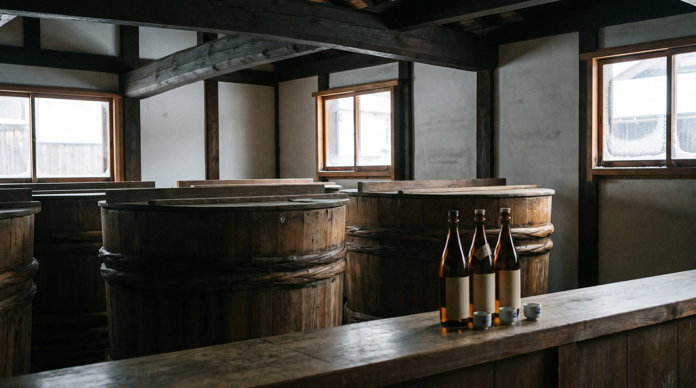 A traditional sake brewery interior