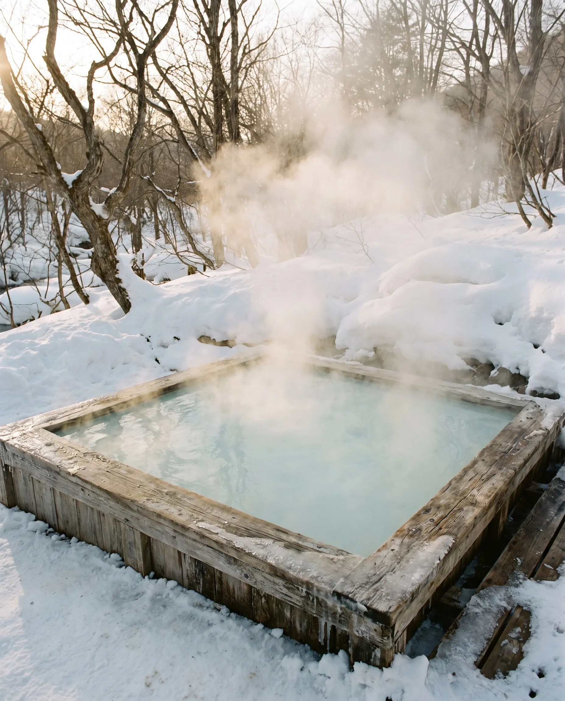 An outdoor hot spring in deep snow